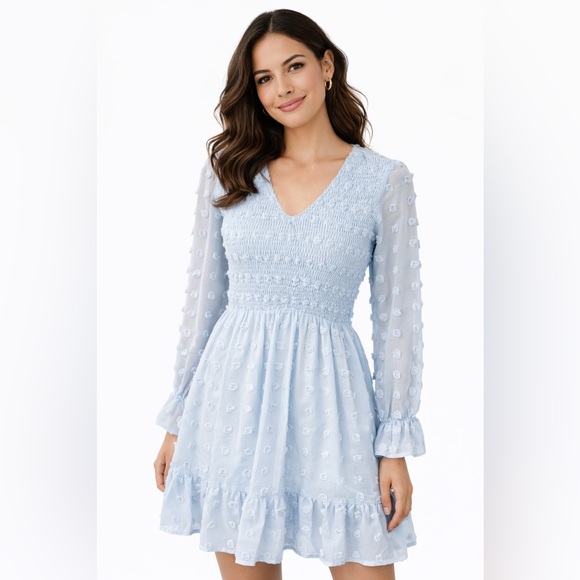 BTFBM Dresses & Skirts - BTFBM Light Blue Swiss Dot Smocked Dress Boho Romantic Long Sleeve Ruffle Hem